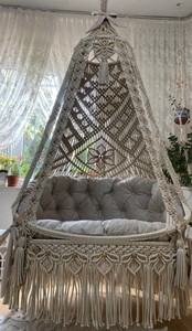 Fauteuil suspendu double en macramé beige, balançoire de jardin en macramé, chaise à bascule en macramé, chaise ronde en macramé, balançoire de patio en macramé - Product Image 3