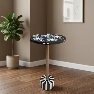 Modern Round Decorative <b>Side</b> <b>Table</b> with Patterned Wooden <b>Top</b> Metal Pedestal Geometric Base Contemporary Accent Furniture - Product Image 4