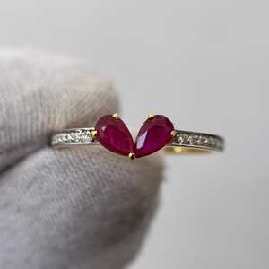 Élégante bague à deux pierres en rubis rouge, coupe poire, vintage, en argent sterling 925 plaqué or 14 carats, pour fiançailles et mariage - Product Image 1