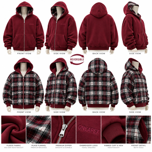 Veste à capuche réversible pour homme, à carreaux, zippée, oversize, streetwear d'hiver, vente en gros personnalisée - Product Image 2