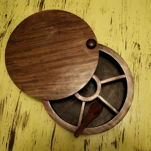 Handcrafted Wooden Round Masala Dabba Spice <b>Box</b> with Spoon-Leak Proof Dust Resistant Eco-Friendly Durable Dishwasher Safe - Product Image 1