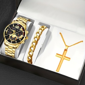 Relojes de pulsera de acero inoxidable para hombre NW1501, estilo ejecutivo, con calendario y collar con colgante de cruz plateada. - Product Image 1