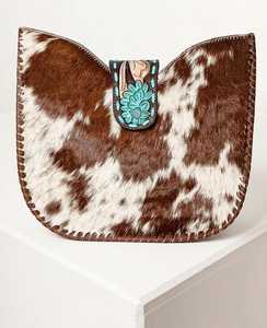 Luxury Cowhide Leather Western Clutch Bag Handmade Hair-On Hide Purse with Turquoise Floral Accent for <b>Women</b> - Product Image 1