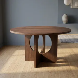 Table basse vintage ronde en bois de noyer foncé avec base à découpes géométriques, meubles de salon de style mid-century modern, pièces d'appoint - Product Image 2