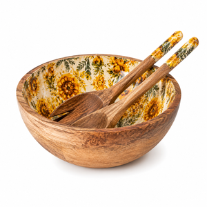 Ensemble de saladiers en bois de manguier faits à la main de qualité supérieure avec finition imprimée émail tournesol, bols de service en bois, vaisselle de cuisine sans danger pour les aliments - Product Image 1