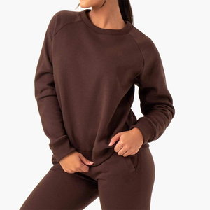Ensemble de survêtement gris 2 pièces pour femme, col rond, manches longues, couleur unie, décontracté, en coton tricoté, coupe régulière, avec poches, longueur cheville - Product Image 2