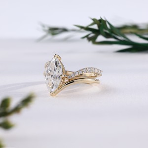 Anillo de compromiso de oro con diamante talla marquesa, diseño único de onda cruzada con pavé, conjunto de anillos de boda nupcial, joyería fina, regalo para mujer - Product Image 3
