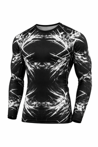 <b>Men's</b> <b>Long</b> <b>Sleeve</b> Compression Rash Guard Black <b>White</b> Abstract Print Breathable Quick Dry Spandex/Polyester MMA BJJ Grappling <b>Top</b> - Product Image 2