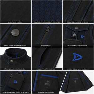 Cobalt Stitching & Detachable Pouch Black Denim <b>Vest</b> Custom Men's Jacquard Woven <b>Vest</b> Premium <b>Utility</b> Gear - Product Image 4