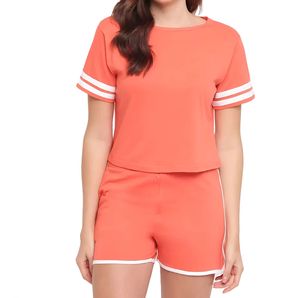 ชุดเซ็ตขาสั้นลำลองสำหรับผู้หญิงไซส์ใหญ่ ผ้าสแปนเด็กซ์/โพลีเอสเตอร์ พิมพ์ลายโลโก้ตามสั่ง ลายเรียบ ระบายอากาศ แห้งเร็ว - Product Image 1