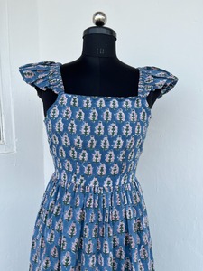 Women's Blue Floral Print Sleeveless Maxi <b>Dress</b> Square Neck Ruffle Cap Sleeves Tie Back A-Line Casual Cotton Summer <b>Dress</b> - Product Image 2