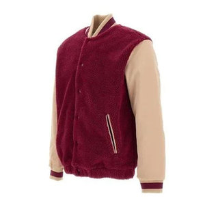 <b>Men's</b> Maroon Fleece Varsity <b>Jacket</b> With Beige Sleeves Turn-down Collar Casual Autumn Wear - Product Image 1