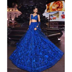 DISEÑADOR GEORGETTE SECUENCIA DE HILO TRABAJO LEHENGA CHOLI CON DUPATTA AZUL - Product Image 1