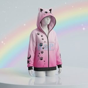 เสื้อฮู้ดหูแมวแบบมีซิป แจ็คเก็ตน้ำหนักเบา สีชมพู เสื้อฮู้ดซิปแบบมีหู ลายอุ้งเท้า ลายดาว ลายพระจันทร์ ชุดคอสตูมอนิเมะ - Product Image 5