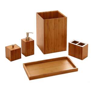 Ensemble d'accessoires de salle de bain en bois naturel de luxe écologique à 5 pièces, très vendu, plateau, distributeur de lotion, porte-savon, brosse à dents - Product Image 5