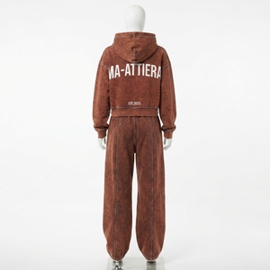 Conjunto de Sudadera Corta y Pantalones Jogger para Mujer, Lavado Ácido, Color Marrón, Algodón y Felpa, Ropa Deportiva Urbana, Venta al Por Mayor OEM - Product Image 3