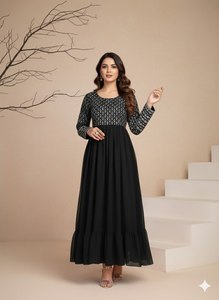 Robe Anarkali en soie de diamant de qualité supérieure, broderie et sequins, longueur au sol 56 pouces, entièrement cousue, tenue de soirée, vente en gros - Product Image 3