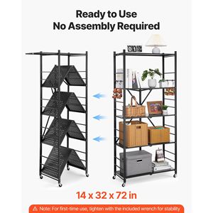 Étagère de rangement pliable à 5 niveaux, 32W x 14D x 72H pouces, 5 roues, pas d'assemblage requis, étagère métallique pliable, unité d'organisation - Product Image 2