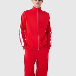 Survêtement rouge pour homme avec fermeture éclair intégrale, bandes latérales blanches, col montant, respirant, en polyester, design sportif, coupe classique, pour l'automne - Product Image 4