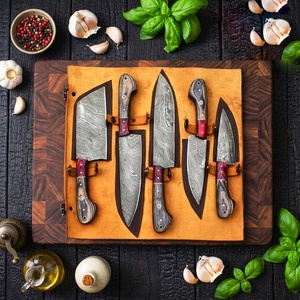 Juego de Cuchillos de Cocina de Acero de Damasco Hechos a Mano de 5 Piezas con Mango de Micarta y Funda de Cuero, Cuchillos Profesionales de Supervivencia y Caza - Product Image 6