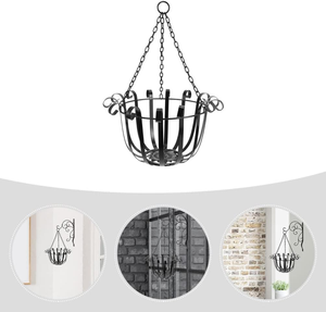Support de suspension élégant en métal noir pour pot de fleurs avec accents décoratifs en spirale, chaîne à trois points et base de support pour balcon et jardin - Product Image 2