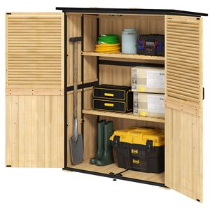 Abri de jardin en bois naturel avec toit en asphalte, 2 étagères, portes verrouillables, pieds réglables et montage facile - Product Image 1