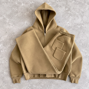Ensemble de survêtement unisexe gris à capuche avec fermeture éclair intégrale, sweat-shirt et pantalon en coton, couleur unie décontractée, coupe ample, pour l'automne - Product Image 6