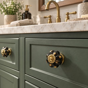 SHUBHAM Black Flower <b>Ceramic</b> Cabinet <b>Knob</b> Decorative <b>Drawer</b> Pull Vintage Door Handle for Kitchen Wardrobe - Product Image 4