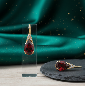 Boucles d'oreilles pendantes imposantes en grenat et zircone cubique, forme poire de 5,5 pouces, pour mariée, en argent sterling 925 plaqué or 18 carats - Product Image 4