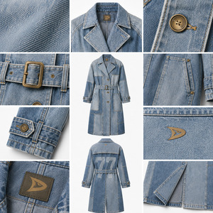 Manteau trench en jean patchwork rétro unisexe bleu vintage léger long style grunge streetwear - Product Image 4