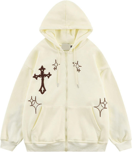 Sweat à capuche zippé noir gothique brodé croix pour homme, coupe oversize, tricot de coton, style streetwear automne - Product Image 5