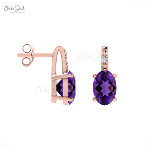 <b>Asian</b> Manufacturers 6x4mm Oval Cut Amethyst Earrings in 14k Solid Gold Diamond Accent Push Back Earrings Christmas Gift For Her - Product Image 2