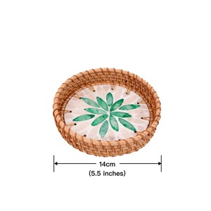 Two Piece Green Design Mother Of Pearl Rattan Edge <b>Serving</b> Tray <b>Set</b> Perfect For Stylish Party Entertaining And Gifting Purpose - Product Image 6