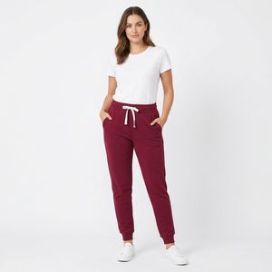 <b>Women's</b> Burgundy Mid Waist Jogger Sweatpants Drawstring Pockets <b>Cuffed</b> Hems Solid Casual Pants Quick-Drying Breathable Fabric - Product Image 2