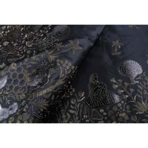 Tissu satiné semi-soie brodé au mètre, 58 pouces de large, motif floral, oiseaux et fille, noir - TFAB SEMI SILK EMB03 158 - Product Image 1