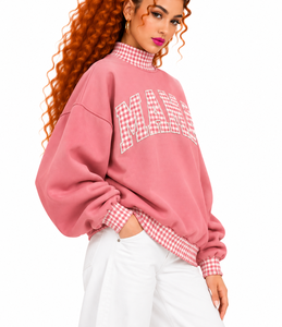 Sweat-shirt surdimensionné personnalisé pour femme, col montant, motif écossais rose, broderie lettre appliquée, en molleton de coton, vente en gros - Product Image 3
