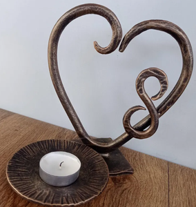 Custom Antique Brass Finish Wrought Iron Heart Candle <b>Holder</b> Sculpture – Handcrafted Metal Infinity <b>Tealight</b> Stand for Tabletop - Product Image 1