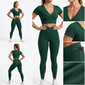 Womens Dark Green Wrap Front Yoga Set Short Sleeve Crop Top High Waist Pocket <b>Leggings</b> Gym Fitness Workout <b>Activewear</b> - Product Image 4
