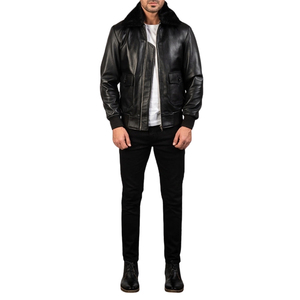 Men's <b>Black</b> PU Leather Bomber Jacket <b>with</b> <b>Fur</b> <b>Collar</b> Faux <b>Fur</b> Lined Zipper Winter <b>Coat</b> - Product Image 1