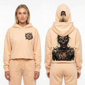 Sudadera con capucha morada con lavado mineral, gráfico de calavera con sigilo personalizado, estampado trasero de zombie multiojos, estilo gótico desgastado, OEM - Product Image 2