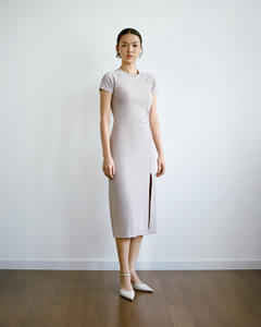 Robe longue décontractée pour femme, coupe ajustée, en jersey raglan, avec fente avant, en polyviscoélasthanne, couleur unie, respirante - Product Image 2