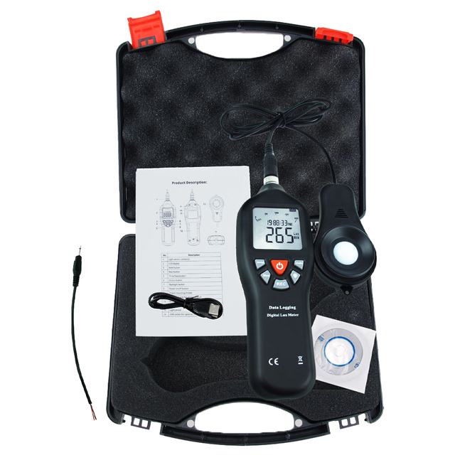 Digital Lux Meter Light Sensor Tester with Data Logging Function 0-200000 Lux Detachable Sensor Black