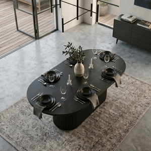 Table à manger ovale moderne en bois massif, table sur piétement cannelé, mobilier minimaliste Japandi pour la maison et les restaurants - Product Image 1