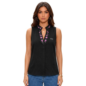 Blusa sin mangas con cuello mandarín y bordado floral de moda para mujer, estilo casual DTG, top sin mangas personalizado con cuello en V, boutique. - Product Image 5