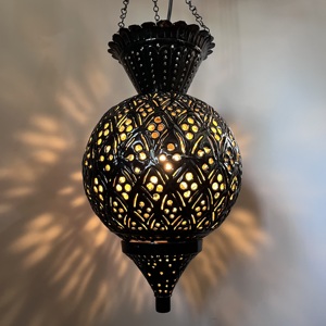 Black Iron Round Pendant Light Soft Warm <b>White</b> <b>Hanging</b> Lamp with Geometric Cutout Design - Product Image 1