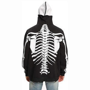 Sweat-shirts à capuche zippés intégraux imprimé squelette noir, grandes tailles, en mélange de coton, manches raglan, polaire délavée, style rétro athlétique streetwear - Product Image 2