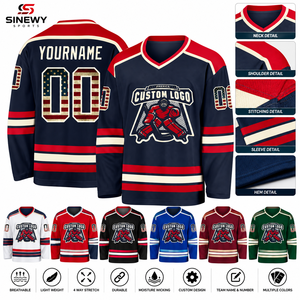 SINEWY Custom Ice Hockey Jersey V-<b>Neck</b> Full Sleeve Double Strap 380g Sublimated Polyester Breathable Men's Adult Team Apparel - Product Image 1