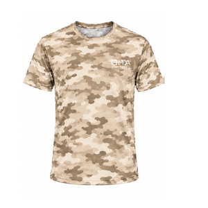 T-shirt camouflage beige pour homme, manches courtes, col rond, imprimé camouflage, léger, pour entraînement sportif, fitness, performance, vêtements de sport - Product Image 1