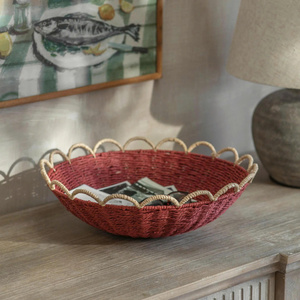 Red <b>Wicker</b> Paper Tray With Scalloped Edge Handwoven Decorative <b>Basket</b> Serving Tray Home Storage Organizer - Product Image 5