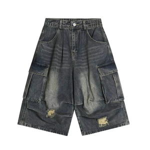 Short en jean cargo noir déchiré pour homme, coupe ample, longueur genou, avec poches latérales, style streetwear décontracté, été - Product Image 2